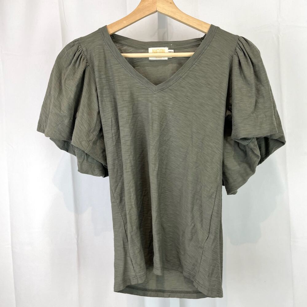 NATION LTD Size XS Ruth Bubble Hem Short Sleeve Tee Top V Neck Cotton Gray Green